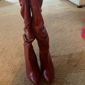 Red faux leather slouch boots